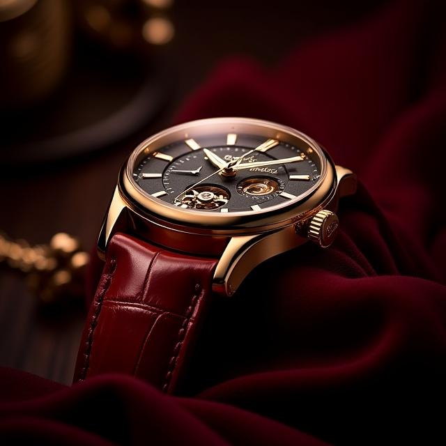 The Saffron Automatic watch with a gold-tone case and a deep red leather strap.